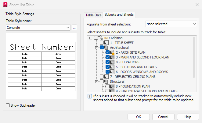 Sheet List Subset Table